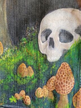 Hand-Painted Skull & Morel Mushroom  Denim Jacket Women's Sz S Old Navy Spring